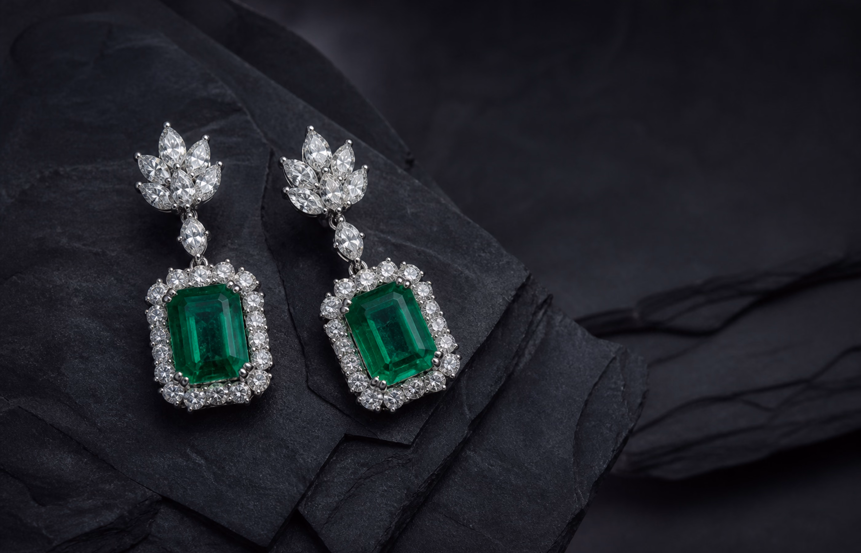 Matched emerald earrings presented against mineral slate.