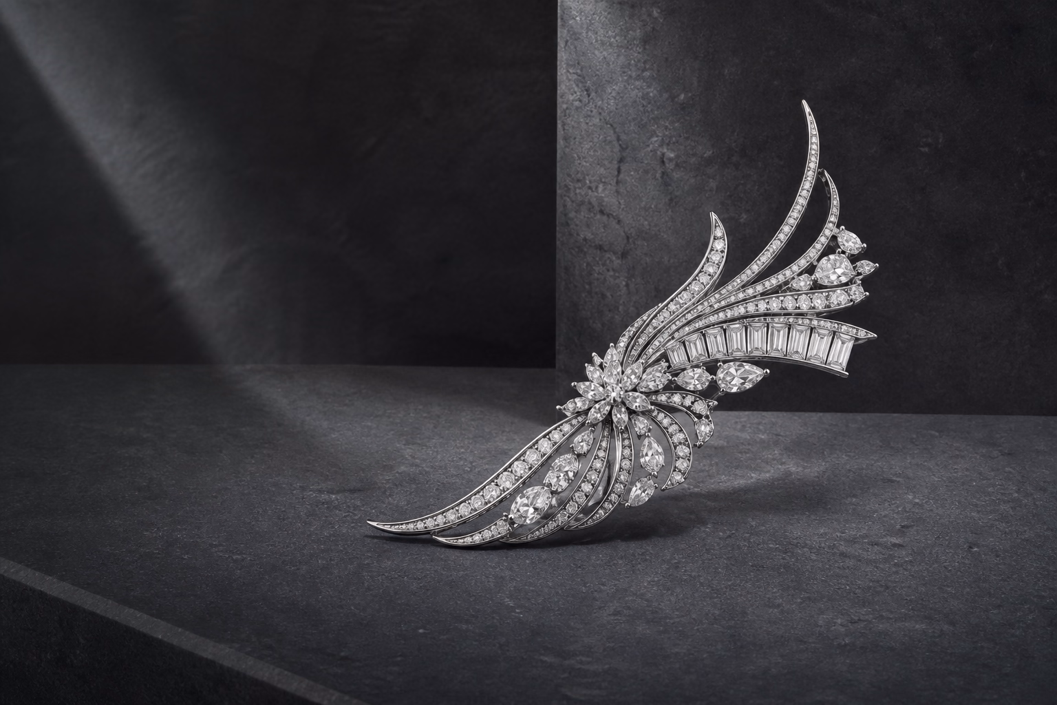 A sculptural platinum and diamond brooch composed as an exceptional one-of-one jewel.