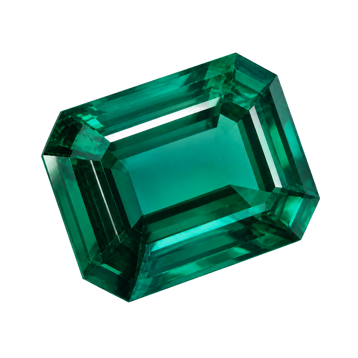 A clean emerald-cut emerald viewed at a dimensional three-quarter angle.