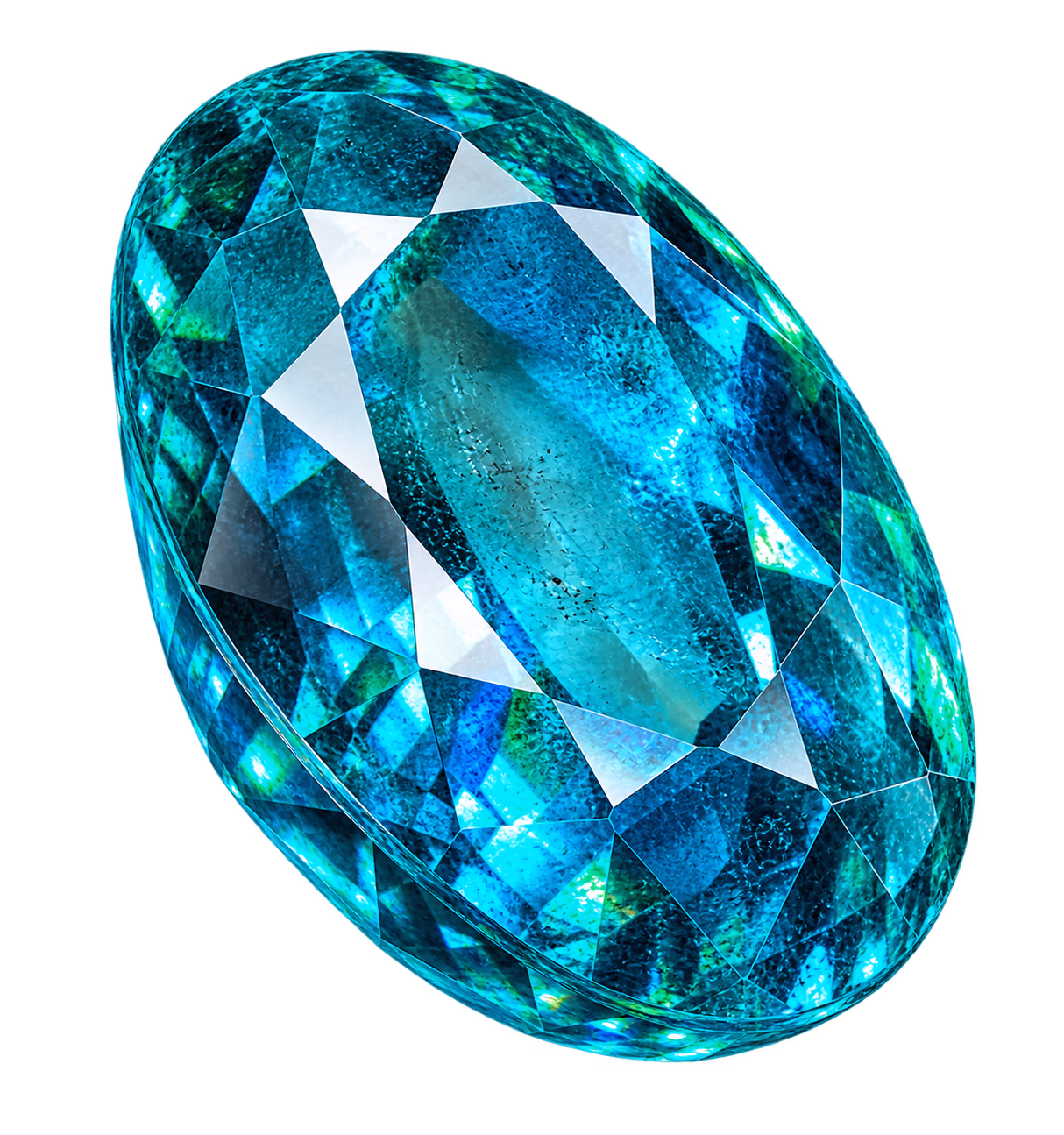 An oval Paraiba tourmaline viewed at an angle with electric blue-green color.