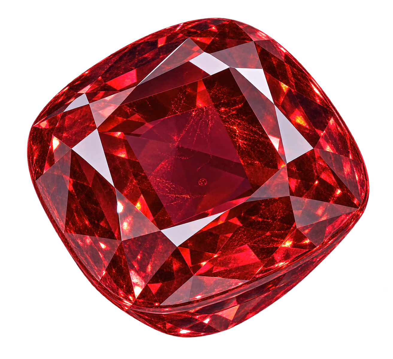 A cushion-cut ruby viewed at an angle with saturated red depth.